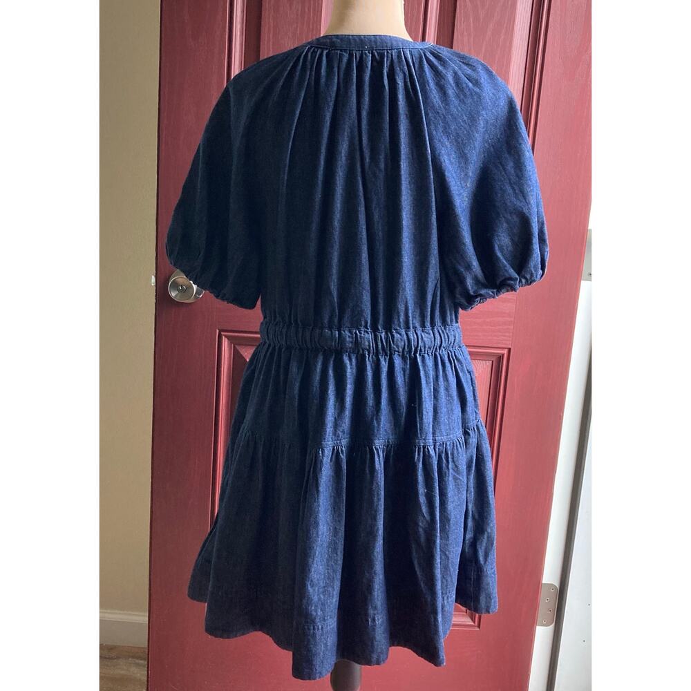 Free Assembly Denim Midi Dress M Blue VNeck Puff Sleeve Tie Belt Cottage Peasant - Picture 3 of 12